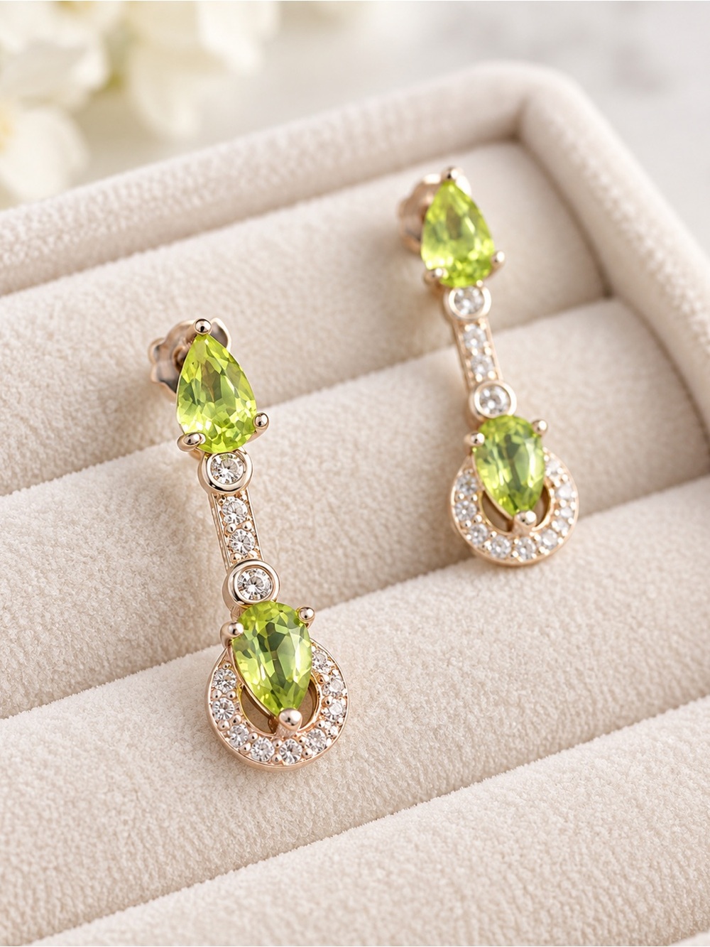 Peridot Green Teardrop Crystal Drop Earrings - Gold Tone